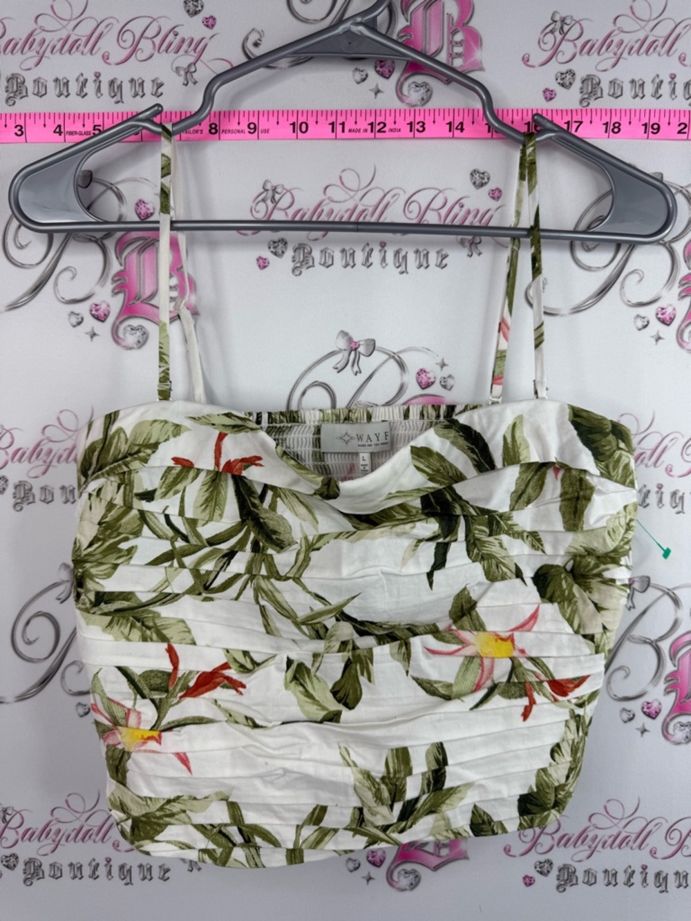 Wayf White Tropical Leaf Print Cowl Neck Crop Top with Green and Red Accents